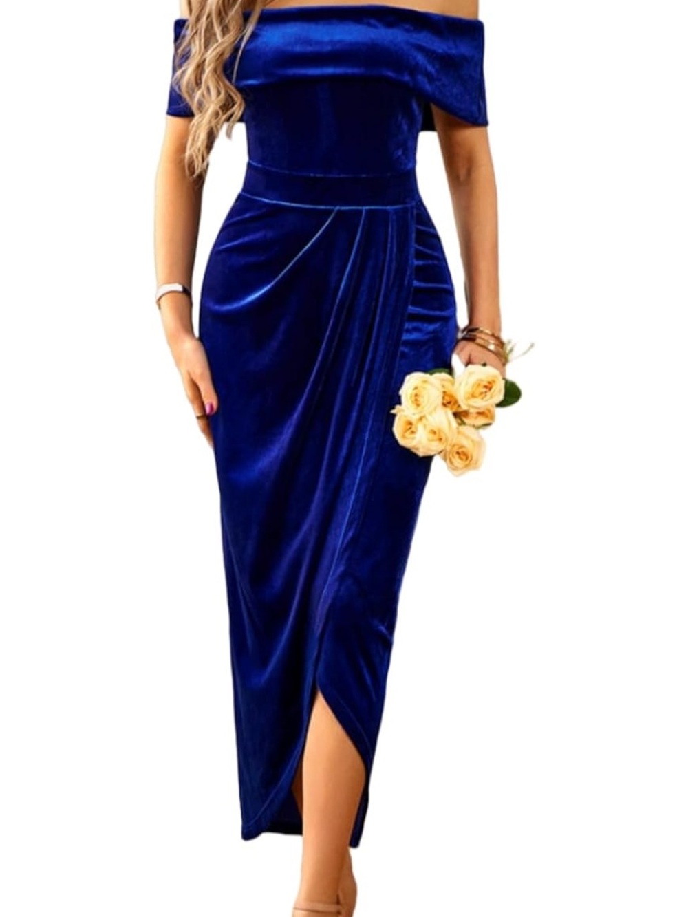 Off-Shoulder Velvet Maxi Dress in Deep Blue (new no tag)